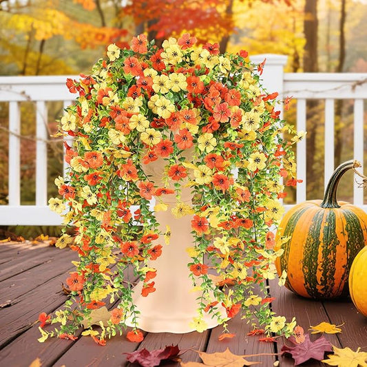 Artificial Fall Flowers for Outdoors Hanging Fake Plants 6 Bundles Garden Home Fall Decor,UV Resistant Realistic Silk Faux Autumn Flower Indoor Outdoor Front Porch Patio Balcony Yard Farmhouse(Orange)