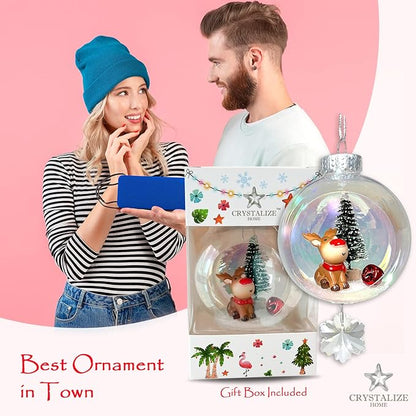 Rudolph Christmas Ornament - Handmade Shatterproof Decorations for Indoor Outdoor Xmas Tree - Clear Ball Ornaments with Magnetic Crystal - Great Gift or Stocking Stuffer for Mom, Sister, Friend