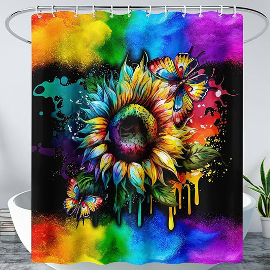 AILONEN Sunflower Shower Curtain, Watercolor Flower Rainbow Decoration,Polyester Fabric,Waterproof with 12 Plastic Hooks Shower Curtains Washable, 72" W x 84" H