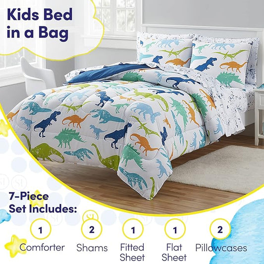 Kids Bedding Set Bed in a Bag for Boys and Girls Toddlers Printed Sheet Set and Comforter , Full, Dinosaur