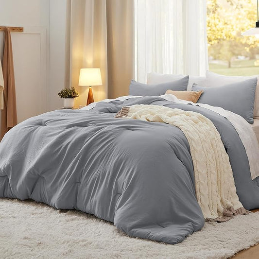 Bedsure Queen Size Comforter Set, Grey Soft Prewashed Bedding for All Seasons, 3 Pieces GentleSoft™ Warm Down Alternative Bed Set, 1 Lightweight Comforter (90"x90") and 2 Pillowcases (20"x26")
