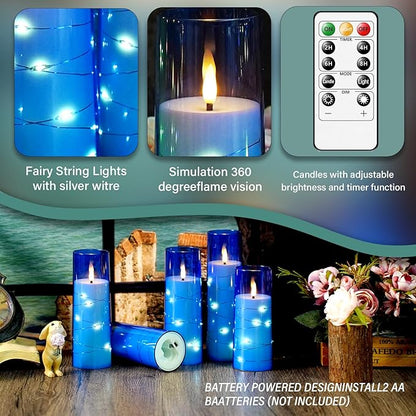 Flameless LED Candles with Timer 5 Pc Flickering Flameless Candles for Romantic Ambiance and Home Decoration Stable Acrylic Shell,with Embedded Star String，Battery Operated Candles（Blue）