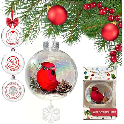 Cardinal Christmas Ornament - Handmade Shatterproof Decorations for Indoor Outdoor Xmas Tree - Clear Ball Ornaments with Magnetic Crystal - Great Gift or Stocking Stuffer for Mom, Sister, Friend