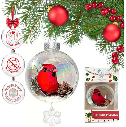 Cardinal Christmas Ornament - Handmade Shatterproof Decorations for Indoor Outdoor Xmas Tree - Clear Ball Ornaments with Magnetic Crystal - Great Gift or Stocking Stuffer for Mom, Sister, Friend