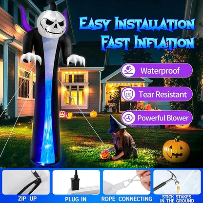 12FT Halloween Inflatables Decoration Outdoor Giant Pumpkin Reaper Ghost Built-in 3-Colored Rotation Flame LED Halloween Blow Up Yard Decorations Spooky Outdoor Party Yard Lawn Decor(1PCS)