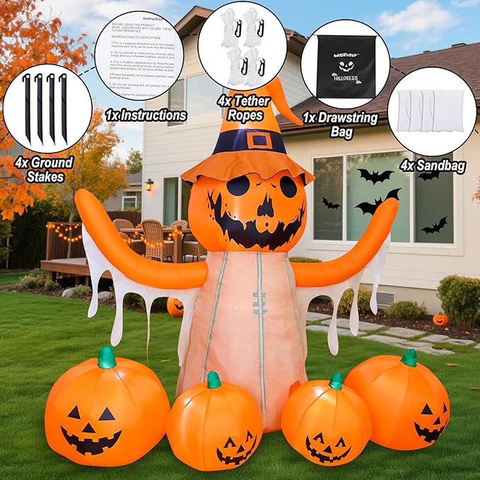MGparty 8FT Halloween Inflatables Pumpkin Decorations with LED Built-in Pumpkin Scarecrow Halloween Yard Decoration Blow Up Inflatable for Outdoor Indoor Garden Lawn Holiday Party