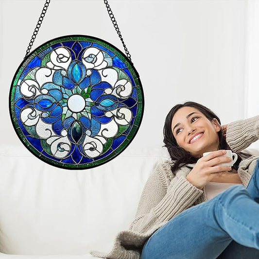 Stained Glass Window Hanging, Boho Style Sun Catchers Diamond Glass Panel Hangings Tiffany Suncatcher Decor for Birthday for Women, Men, Wife, Aunt, and Mom 14.9x14.9 in