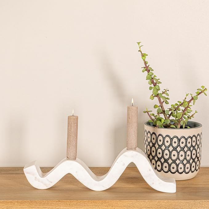 Bloomingville Marble Wave Double Taper Candle Holder, White