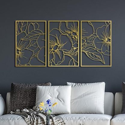 Vivegate Gold Minimalist Floral Single Line Metal Wall Art Decor - 18"X12" 3 Packs Gold Floral Abstract Minimalist Lines Wall signs for Hanging home wall decor