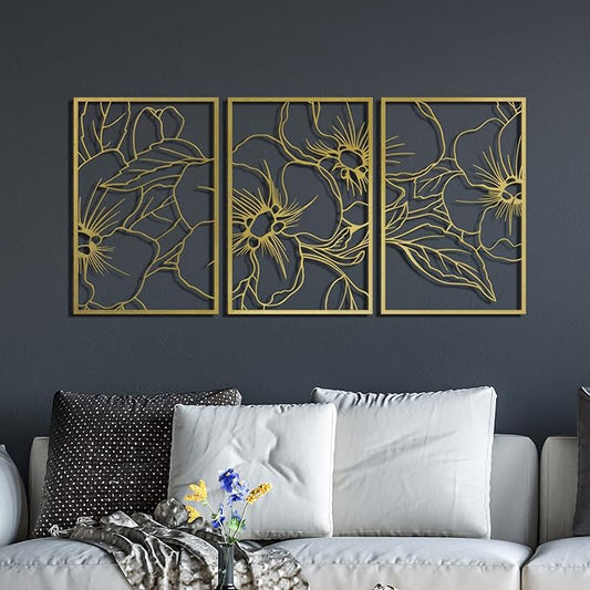 Vivegate Gold Minimalist Floral Single Line Metal Wall Art Decor - 18"X12" 3 Packs Gold Floral Abstract Minimalist Lines Wall signs for Hanging home wall decor