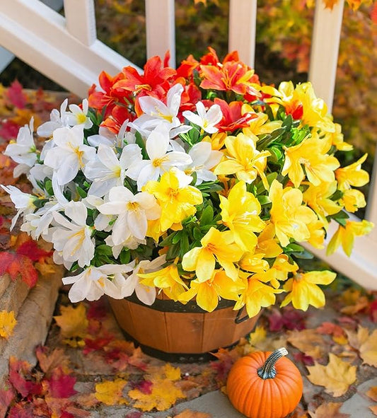 Artificial Fall Flowers for Outdoors, 3 Bundles Fake Azalea Bouquet Faux Flower Plants Outside Decor UV Resistant Realistic Silk Flowers for Planter Porch Front Door Patio Garden Walkways Home, Mix