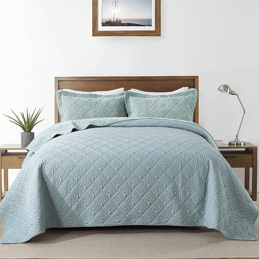 HoneiLife Queen Quilt Bedding Set - 3 Pieces Corduroy Quilt Sets Luxurious Bedspreads Embroidered Coverlets Autumn & Winter Bedding Set All Season Quilts-Mint Green