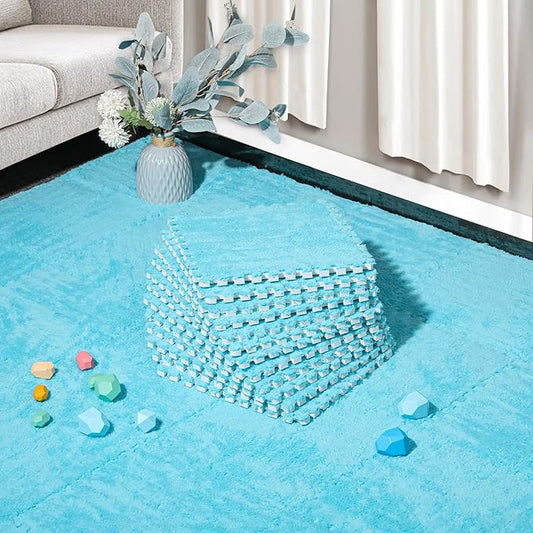 12 Pcs Plush Interlocking Carpet Tiles，Non-Toxic Foam Carpet Tiles for Toddler Baby，Machine-Washable，Anti-Slip，EVA Foam Interlocking Tiles for Floor, Nursery, Playroom, Blue