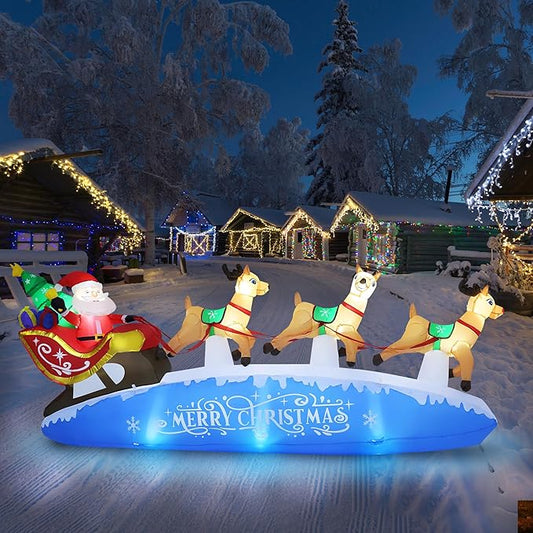 ZPISF 10 FT Santa Sleigh with Reindeer Christmas Inflatables Outdoor Decorations, Christmas Blow Up Yard Decorations for Garden Lawn Xmas Decor (Blue)