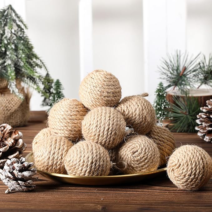 Syhood 18 Pcs 1.57 Inches Christmas Ball Ornaments Boho Farmhouse Jute Rope Hanging Balls Burlap Neutral Rustic Ornaments for Xmas Tree Holiday Wreath Garland Wedding Home