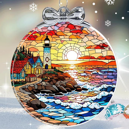 Lighthouse Stained Glass Christmas Ornament - Hanging Ornaments for Christmas Tree Decorations -Holiday Keepsake Present Exchange Idea