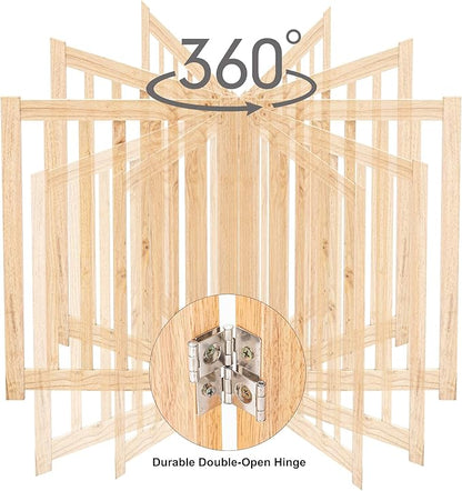 LZRS 2-Panel Wooden Free Standing Foldable Dog Gate – Solid Hardwood 24" High, Step-Over Safety Pet Gate for Doorways, Stairs & Small Spaces - Indoor Use, Natural