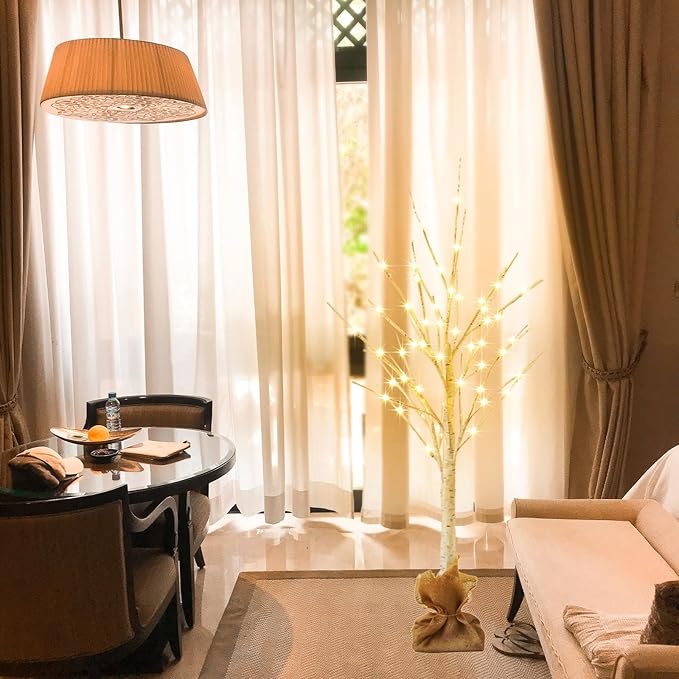 Lighted Brich Tree, 4FT 56 LED Christmas Tree with Burlap Decor, Warm White, IP44 Waterproof, Power Supply by Adaptor, Fireplace Party Wedding Halloween Christmas New Year Decoration