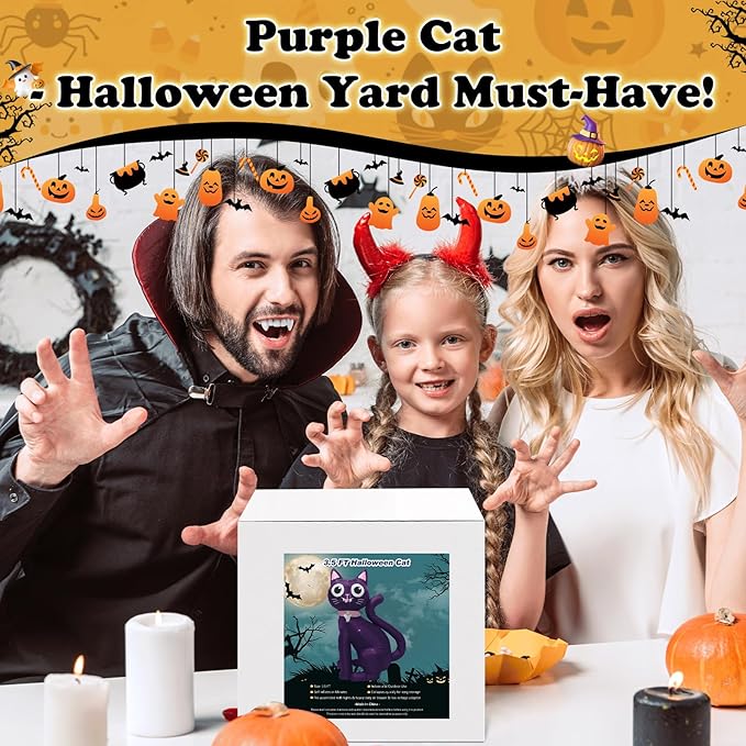 3.5FT Inflatable Decor Purple Cat Halloween Decoration with LED Lights Indoor Outdoor Halloween Horror Blow Up Decor Party Holiday Decoration