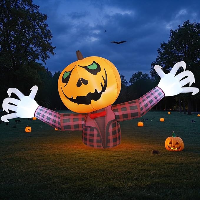 Youngfan 7FT Long Halloween Inflatable Outdoor Decorations, Giant Pumpkin Ghost Blow Up for Yard, Porch, Lawn & Garden, Spooky LED Lighted Halloween Inflatables Decor