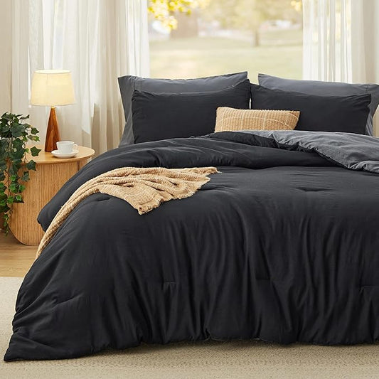 Bedsure California King Comforter Set, Reversible Black Soft Prewashed Bedding for All Seasons, 3 Pieces Warm Down Alternative Bed Set, 1 Lightweight Comforter (104"x96") and 2 Pillowcases (20"x36")