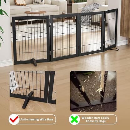 Dog Gate Wire Dog Gates for House Doorways Stairs 24-Inch Freestanding Pet Gate Puppy Fences Indoor (4 Panel, Black)