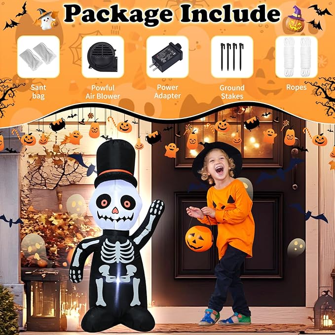 TRMESIA 4FT Halloween Inflatable Skeleton Decoration with Lights, Blow up Skull for Outdoor Yard Garden Decorations on Halloween 24HLW-03-03