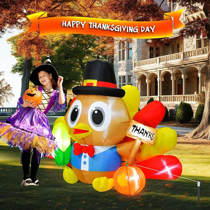 BOHON 5.3 FT Long Inflatable Turkey Outdoor Thanksgiving Decoration with Colorful Big Tail & Pilgrim Hat, Built-in LED Lights, Blow Up Yard Decoration for Yard Indoor Party Garden Lawn Decor