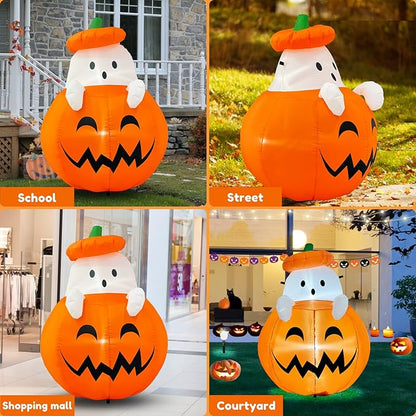 Buheco Inflatable Pumpkin Ghost Halloween Decorations Outdoor Blow Up 4ft Giant Cute Scary Yard Decor Inflatables Built in Led Lights for Indoor Outside Lawn Garden Holiday Fall Family Party Props