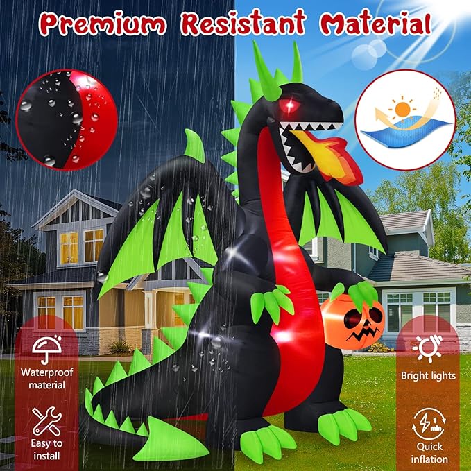 MICOCAH 8 FT Outdoor Halloween Inflatables Fire-Breathing Dragon with Flashing Red Eyes Holding Pumpkin Halloween Decorations Outside, Built-in LEDs Blow Ups for Yard Indoor Party Garden Lawn Decor