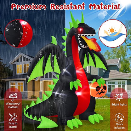 MICOCAH 8 FT Outdoor Halloween Inflatables Fire-Breathing Dragon with Flashing Red Eyes Holding Pumpkin Halloween Decorations Outside, Built-in LEDs Blow Ups for Yard Indoor Party Garden Lawn Decor