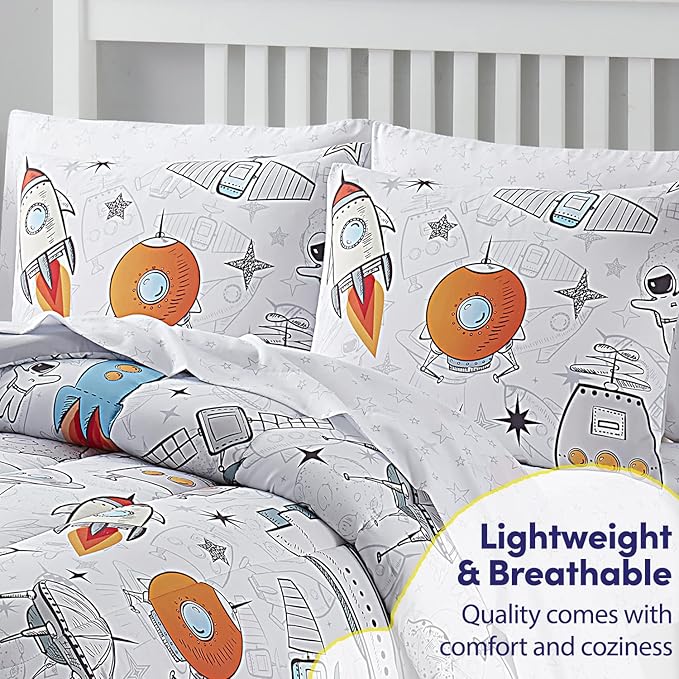 Kids Bedding Set Bed in a Bag for Boys and Girls Toddlers Printed Sheet Set and Comforter , Full, Floating in Space