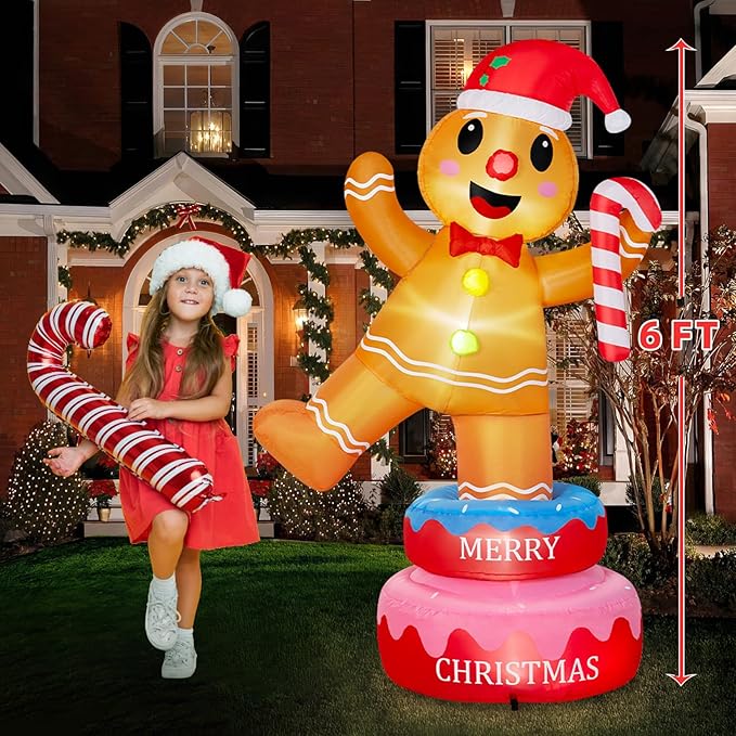 B&D 6FT Christmas Inflatables Outdoor Decorations, Rotating Christmas Inflatable Gingerbread Man Stands on The Turntable Lighted Christmas Blow Up Yard Decorations for Xmas Party Garden Lawn Decor