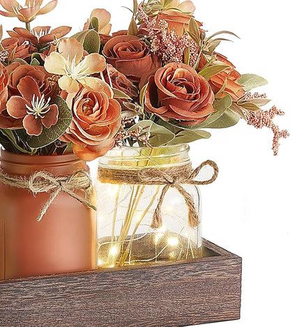 Mkono Mason Jar Lights Centerpiece Table Decorations for Dining Room Farmhouse Coffee Table Decor Tray with 3 Jars Flowers Centerpieces Spring Decor for Kitchen Living Dining Room, Orange