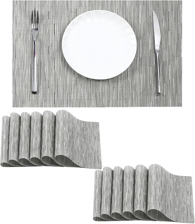 Leetaltree Sliver Placemats Set of 12 - Heat Resistant Non-Slip Place mats for Dining Table, Washable Durable PVC Vinyl Woven Table Mats（Sliver, 12）