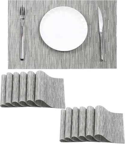 Leetaltree Sliver Placemats Set of 12 - Heat Resistant Non-Slip Place mats for Dining Table, Washable Durable PVC Vinyl Woven Table Mats（Sliver, 12）