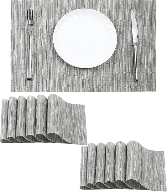 Leetaltree Sliver Placemats Set of 12 - Heat Resistant Non-Slip Place mats for Dining Table, Washable Durable PVC Vinyl Woven Table Mats（Sliver, 12）