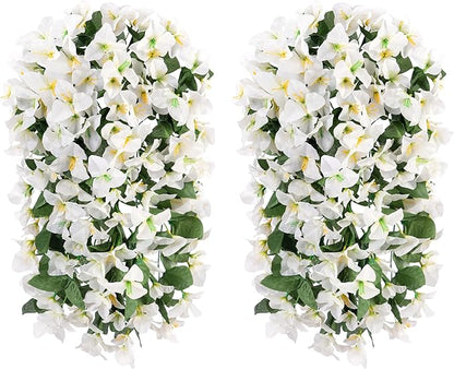 Artificial Faux Bougainvillea Flowers Plants for Outdoor Outside Summer Decoration, 2 PCS Fake Silk UV Resistant Look Real Long Trailing Vines for Front Door Porch Planter Urn Patio Balcony, White