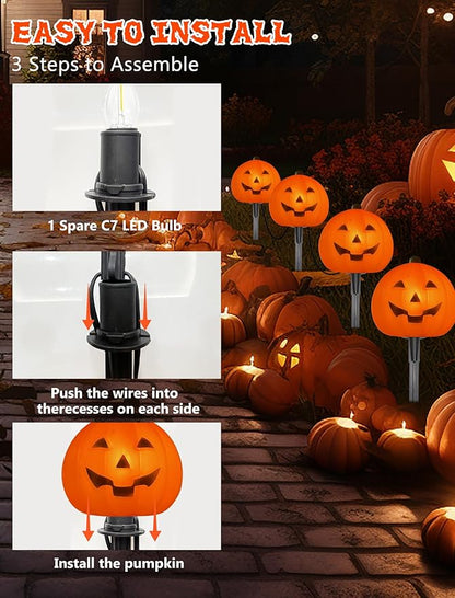 Halloween Pumpkin Pathway Lights, 4PCS 3D Pumpkin Light with Stake, C7 Outdoor Connectable Pumpkin Shaped Pathway String Lights for Patio Yard Lawn Walkway Halloween Party Decor, Black Wire