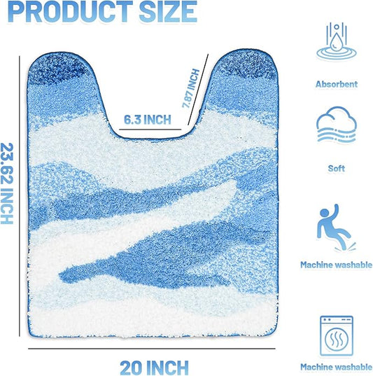 Wave Non-Slip Toilet Contour Rug, Luxurious Tufted Extra Thick U-Shaped Bathroom Rug, Ocean Beach Designed U-Shaped Toilet Floor Mat, Washable and Absorbent Bathroom Carpet (24 x 20 in)