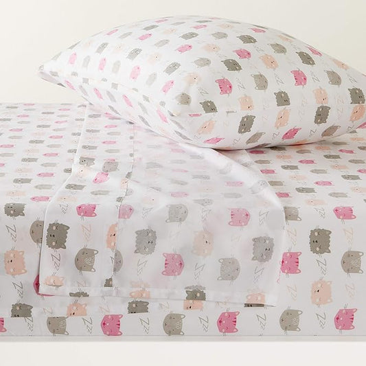 Amazon Basics Kid's Soft, Easy-Wash Microfiber 3-Piece Sheet Set, Twin, Peony Pink Kitties, Animal Print