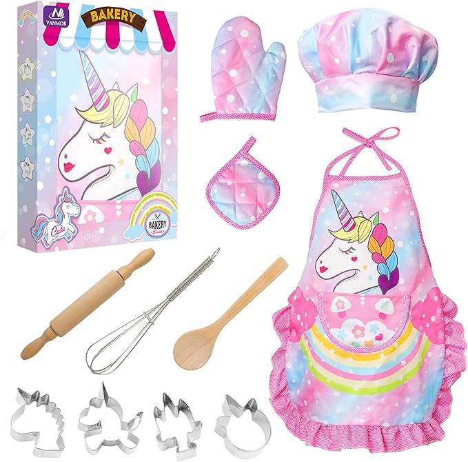 Vanmor Unicorn Kids Cooking and Baking Sets, 11Pcs Kids Aprons for Girls, Kids Chef Hat and Pink Apron, Mitt & Utensil for Toddler Dress Up Chef Costume Birthday Gifts for 3 4 5 6 7 8 Years Old Girls