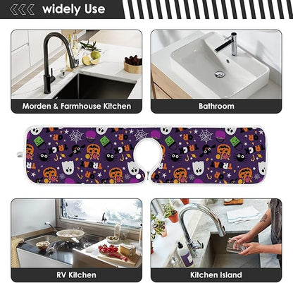 Happy Halloween Purple Faucet Sink Mat for Kitchen 2 Pack Spooky Ghost Pumpkin Bat Witch Bathroom Drying Mat Absorbent Splash Water Catcher Mats Microfiber Cloth Drip Protector Splash Pad 14x5 Inches