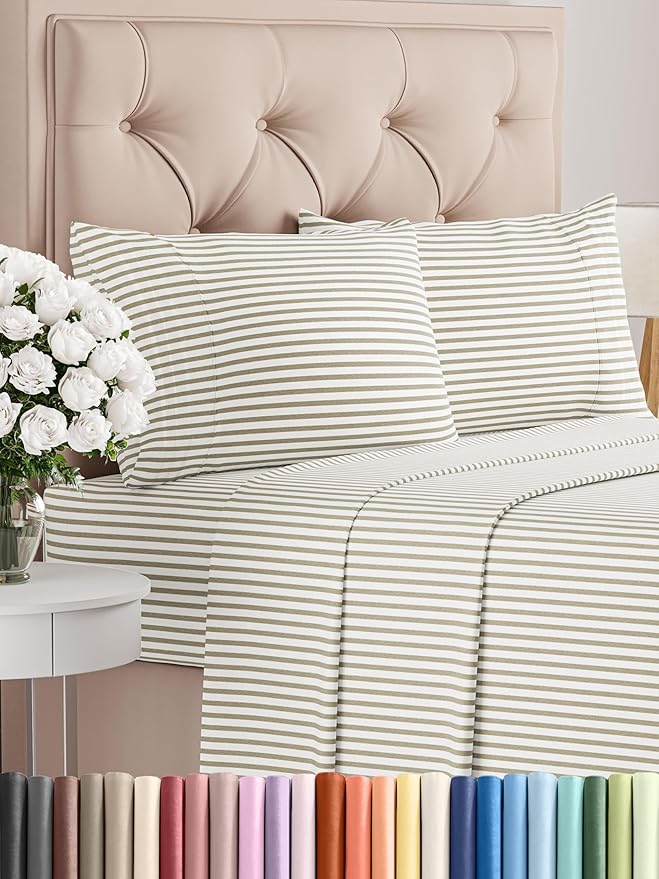 CGK Linens Twin XL 4 Piece Sheet Set - Cooling Sheets for Hot Sleepers - Hotel Luxury Bedding Set w/ 8-16 Inch Deep Pockets - 1 Flat & 1 Fitted & 2 Pillowcases - Soft & Wrinkle Free - Beige Stripes 2