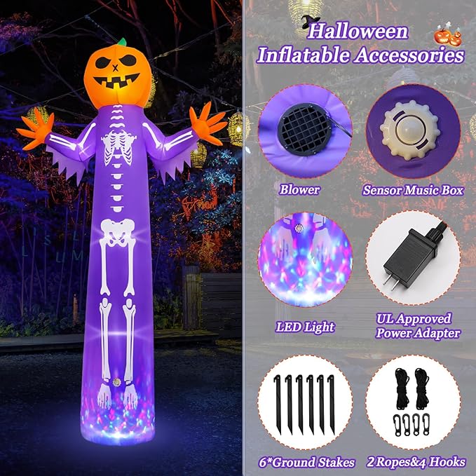 12FT Halloween Inflatable with Scary Music and Build-in LEDs, Giant Pumpkin Halloween Outdoor Decoration, Blow Up Pumpkin Skeleton Decoration for Home Family Party Holiday Yard Lawn Garden