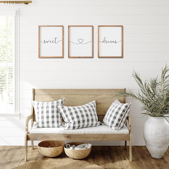 Set of 3 Framed Farmhouse Sweet Dreams Sign 11x14” Above Bed Wall Decor for Bedroom Decor Wall Art Wood Signs (11"x14", Brown)