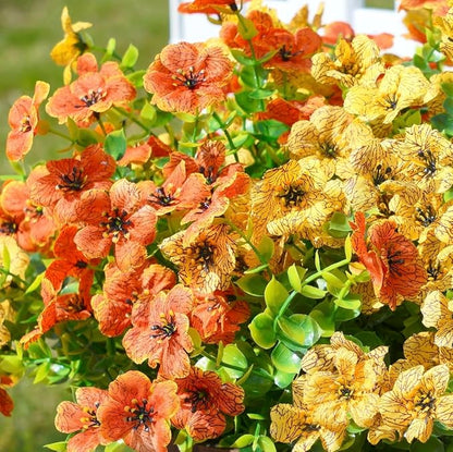 Artificial Silk Fall Mums Plants Flowers for Outdoor Outside Decoration, 12 Bundles Fake Faux Orange Yellow Daisy UV Resistant Realistic for Autumn Porch Patio Home Yard Planter
