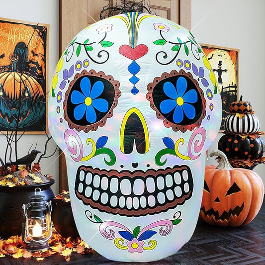 AJY 4 Feet Colorful Skull Halloween Inflatable Skull LED Lights Decor Outdoor Indoor Holiday Decorations Blow up Lighted Yard Decor Lawn Inflatable Home Garden Party Favor Decoration