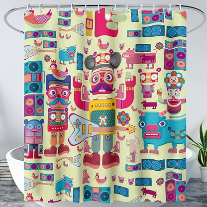 AILONEN Cartoon Robot Shower Curtain Sets,Beautiful Music Guitar Robots Theme Bathroom Decors, 36" W*72" H Cute Shower Curtain for Boys Girls Teens Kids