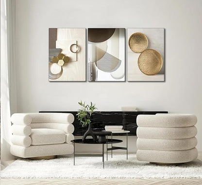 3 Pcs Abstract Gold Geometric Boho Canvas Wall Art Mid Century Modern Minimalist Aesthetic Luxury Metal Artwork Pictures Wall Decor Posters Prints for Living room Bedroom Office Home Decoration
